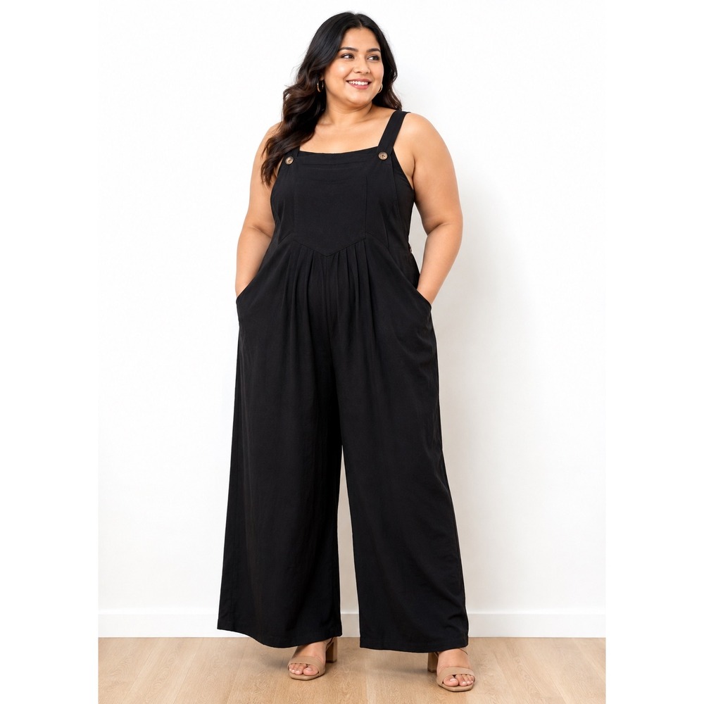 Linen Blend Black Wide Leg Overalls Jumpsuit Plus Size 2XL Pleated Lagenlook